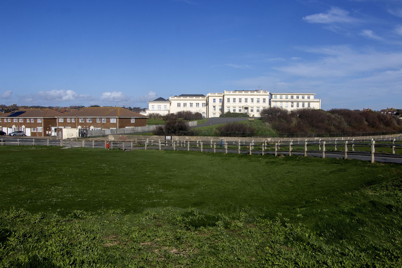 Corsica Hall seen across Martello Fields from the seafront