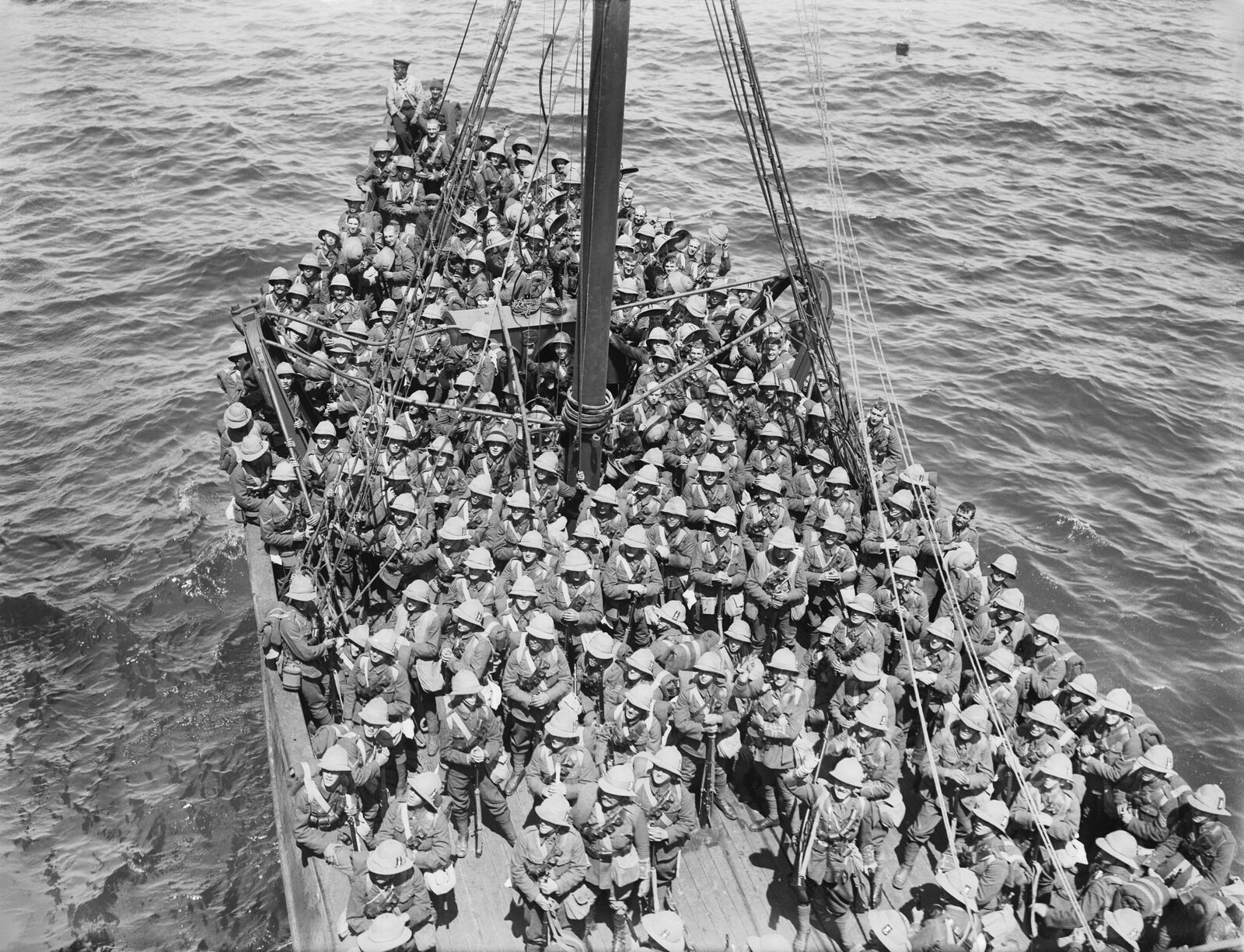 Lancashire Fusiliers crowded into a trawler bound for Cape Helles, Gallipoli, May 1915