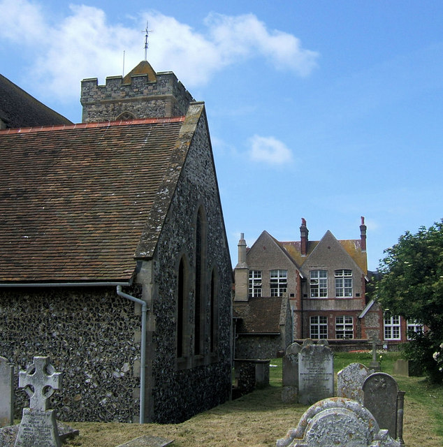 The flint tower of St Leonard's Church on Church Street, Seaford