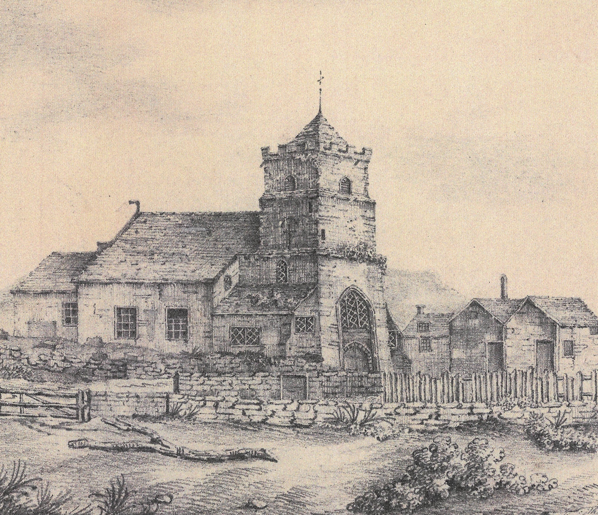 An 1832 etching of St Leonard's Church, Seaford, showing the medieval tower and nave before the Victorian restoration