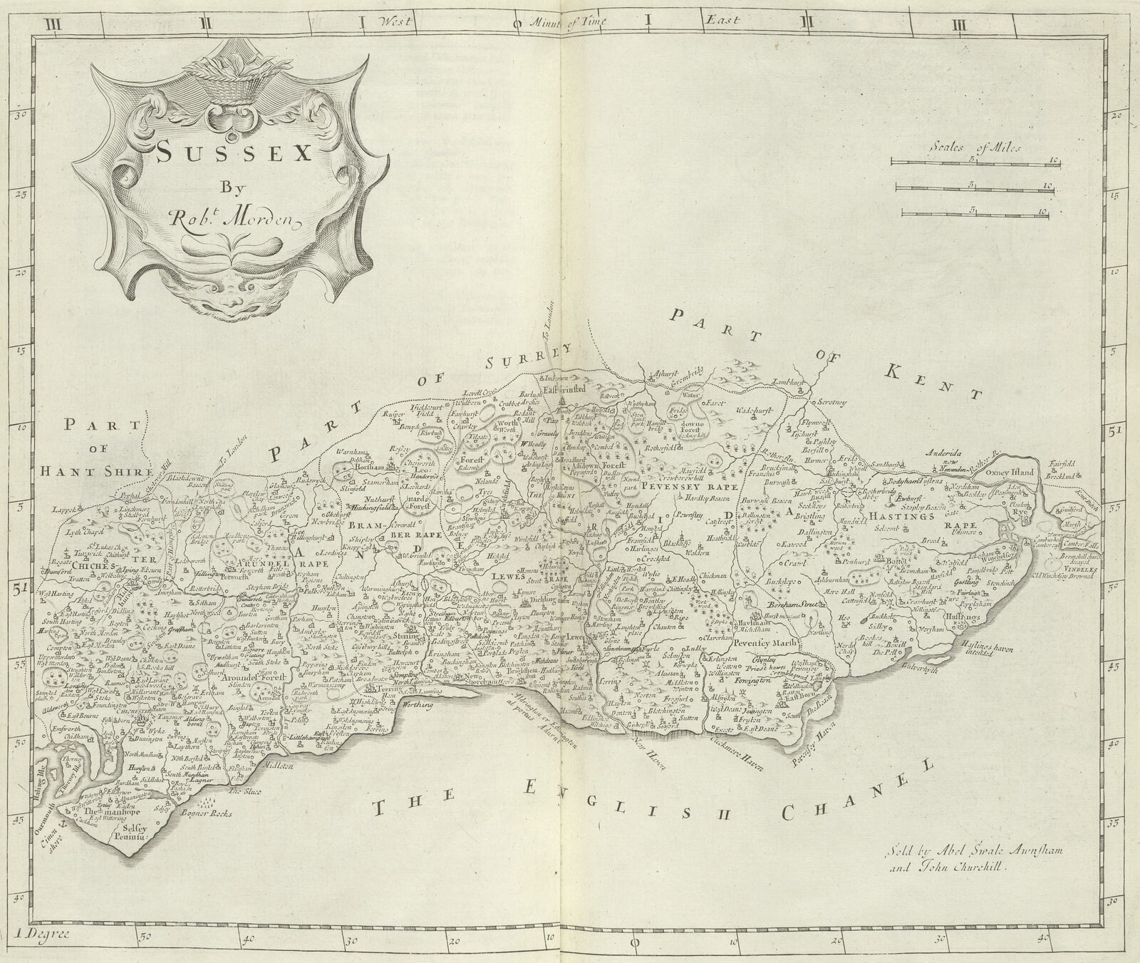 Robert Morden's 1695 county map of Sussex, showing New Haven and Seaford on the coast