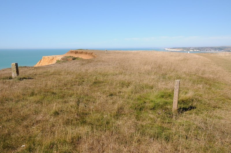 Summer downland turf on Seaford Head above the sea, looking west towards Seaford and Newhaven